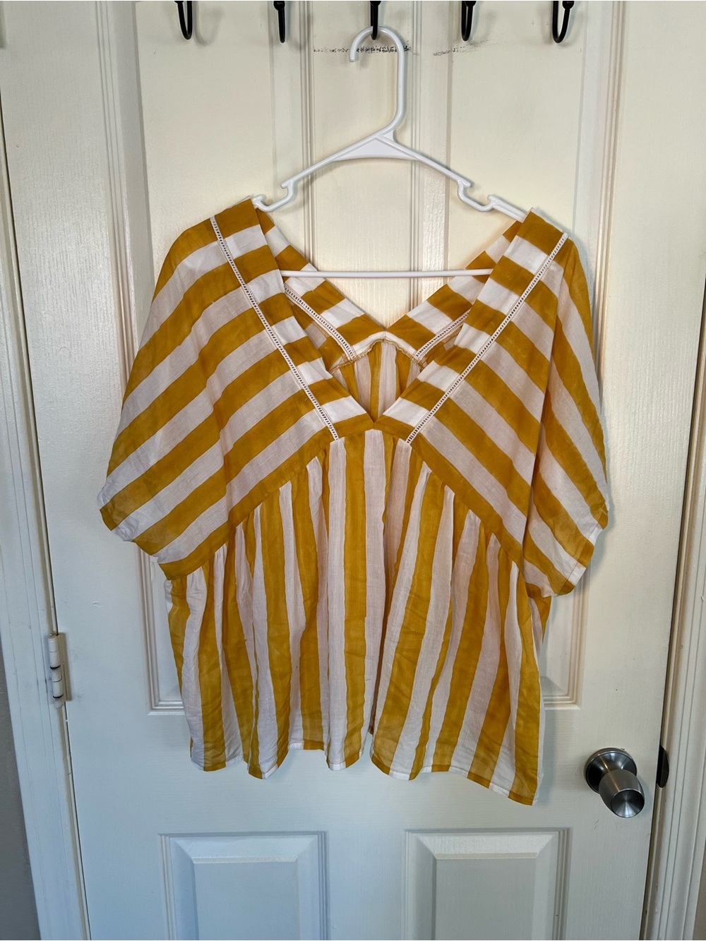 World Market Mustard Yellow White Stripe Boho Peasant Top One Size Cotton